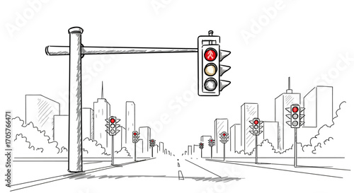 Traffic Lights and Urban Landscape A Pen and Ink Illustration