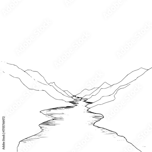 A black and white drawing of a river flowing between mountains under a clear sky in a valley landscape