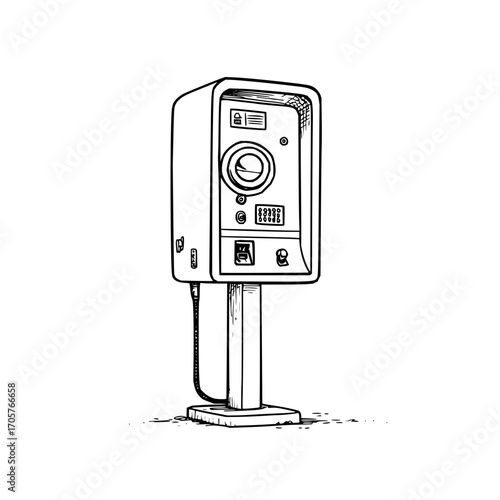Illustration of a vintage payphone booth with a handset and keypad in black and white style art