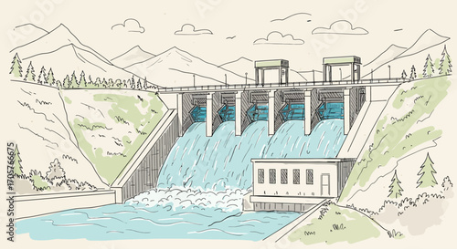 Hydroelectric Dam Power Generation with Water Flowing Through Spillways