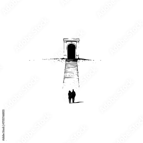 A distant couple approaches a grand archway at the top of a long staircase in a minimalist style image