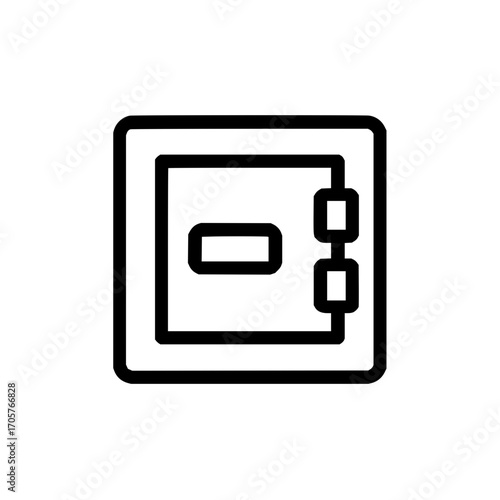 Illustration of a black outline safe with a handle and two hinges on a white background icon style