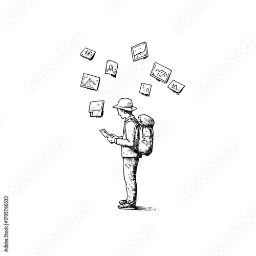 A sketch of a traveler with a backpack looking at photos floating above him on a white background