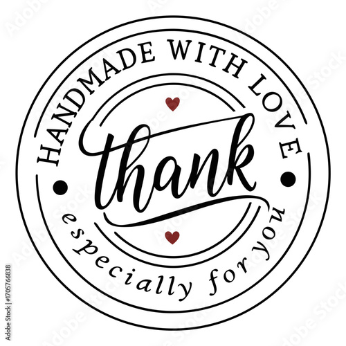 Handmade with love especially for you thank you sticker design in a circular badge for product packaging and small business