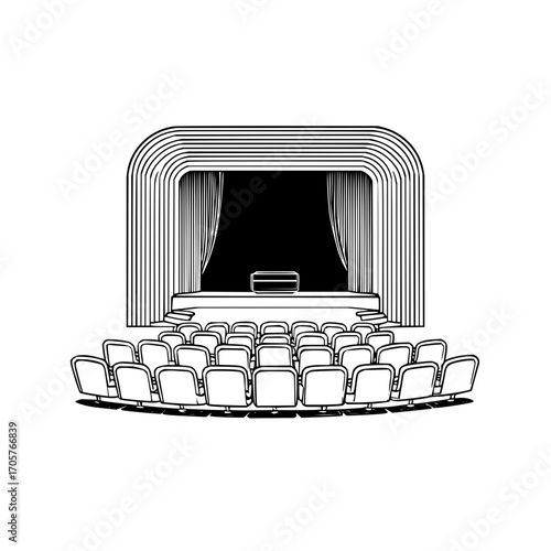 Illustration of a theater stage with curtains and rows of seats in a black and white line drawing