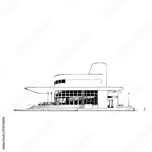 Illustration of a modern white building with large windows and a flat roof on a sunny day design