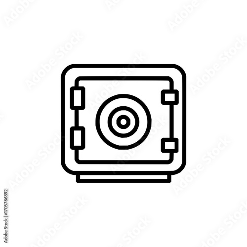 A simple line drawing of a closed safe with a dial and hinges isolated on a white background image