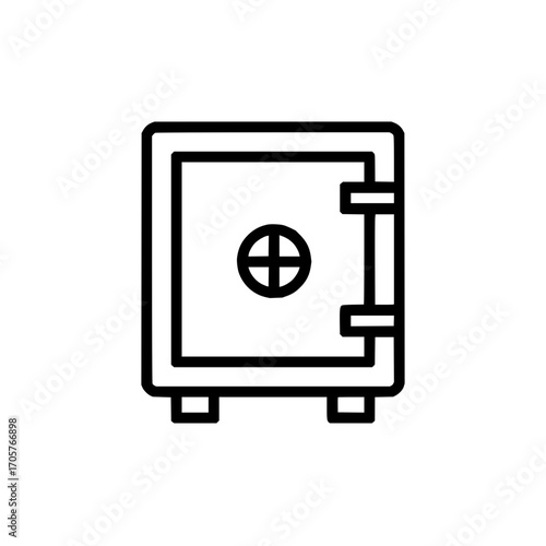 A simple line drawing of a closed safe with a circular lock and two hinges on the right side view