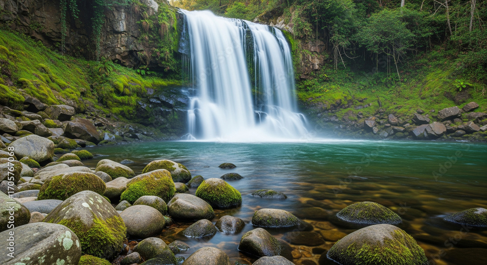 Fototapeta premium Mossy rocks and breathtaking waterfall landscape image
