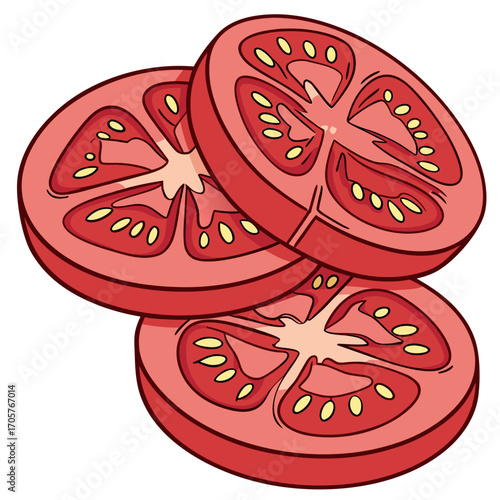 Three fresh tomato slices stacked on top of each other showcasing the vibrant color and juicy texture of the vegetable