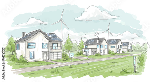 Sustainable Neighborhood with Solar Panels and Wind Turbines