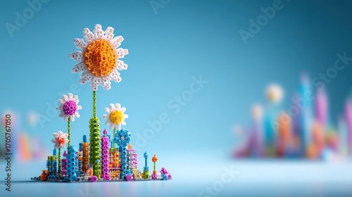 Colorful blocky cityscape with pixelated flowers, against a blurred background, suggesting a miniature, whimsical world