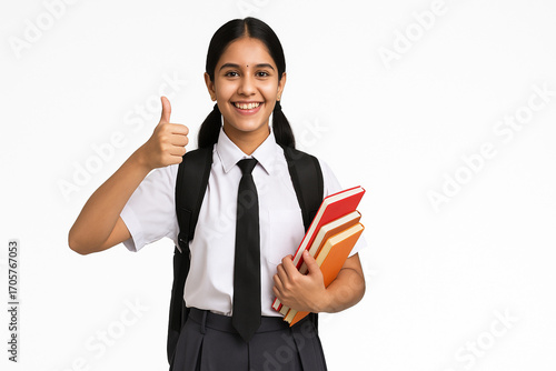 Smiling Indian School Girl in Uniform with Books and Thumbs Up