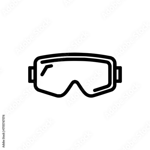 A simple line drawing of ski goggles with a thick frame and a reflective lens on a white background