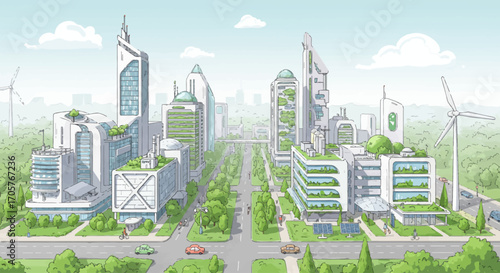 Futuristic Green Cityscape with Sustainable Architecture and Renewable Energy Solutions for Modern Urban Living