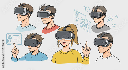 Set of character illustrations experiencing immersive virtual reality