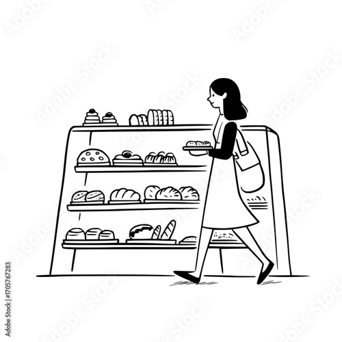 A woman in a dress with a bag is walking past a bakery display case filled with various baked goods items