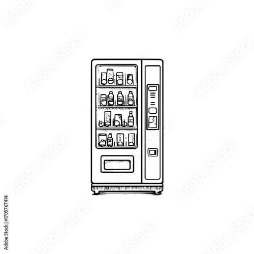 Illustration of a vending machine with various drinks and snacks displayed inside on multiple shelves