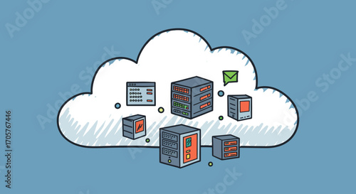 Hand-drawn illustration of cloud computing technology and server hosting