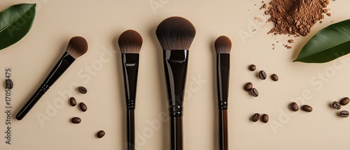 High-quality Makeup Brushes Arranged Neatly With Coffee Beans and Cocoa Powde...