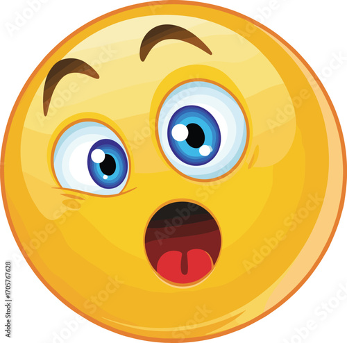 Surprised cartoon emoji face with wide eyes, shocked expression emoticon for reaction, yellow round smiley icon - flat vector illustration