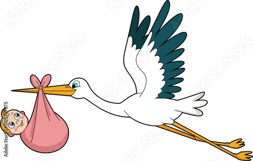 Cartoon stork carrying baby in blanket, flying bird illustration for birth announcement, cute newborn delivery concept art - flat vector illustration