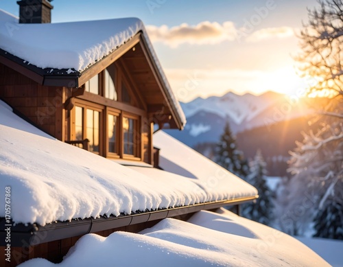 Snowy chalet at sunset