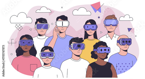 Diverse group of people wearing virtual reality headsets experiencing metaverse