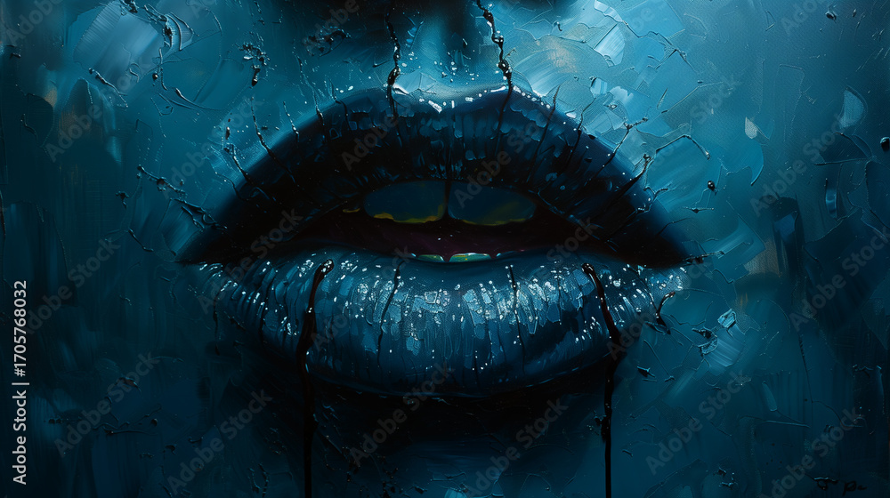 Obraz premium Cracked Blue Lips Emerging from Painted Surface – Minimal Surreal Portrait of Mouth with Textured Background