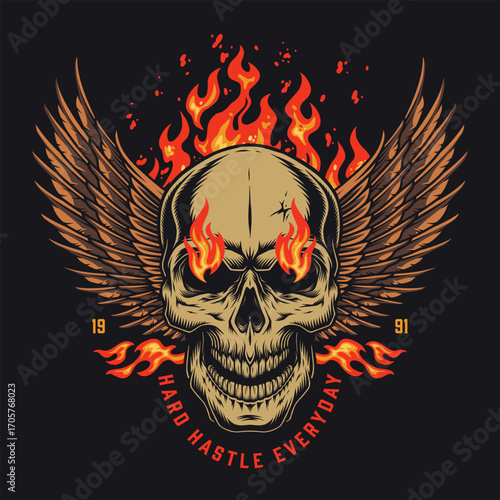 Skull with flames and wings representing hardship