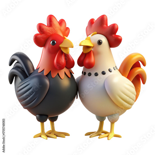 Two adorable cartoon roosters one black and one white standing together isolated on transparent background