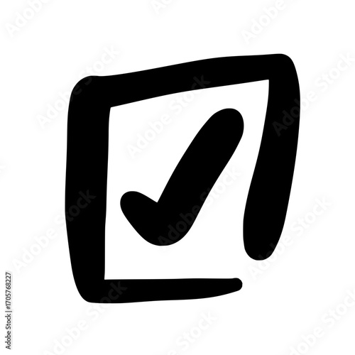 Hand drawn checkmark in square box icon - doodle tick symbol, approval and completion sign
