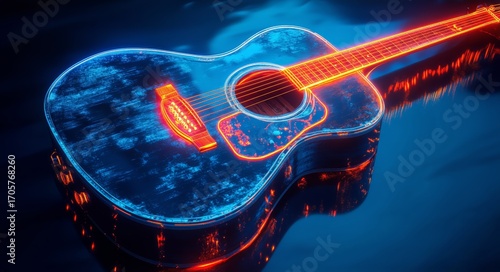 Electric Acoustic Guitar Illuminated by Colorful Neon Lights on Dark Surface.