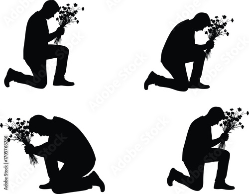 Silhouettes of Kneeling Man Holding Flowers in Mourning, Sadness, or Prayer Pose – Emotional Grief Tribute Vector Illustration