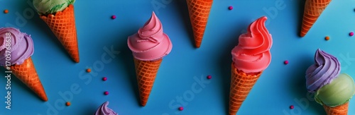 Colorful Ice Cream Cones Arranged on a Bright Blue Background With Playful Sp...