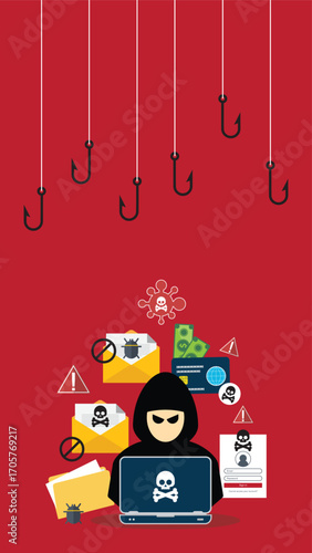 Hacker with laptop computer stealing confidential data, personal information and credit card detail. Hacking concept.	
