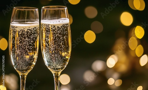Sparkling Champagne Flutes Toast Amid Golden Bokeh Lights During a Festive Ce...