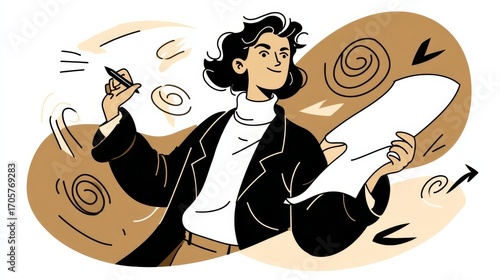 A focused individual with curly dark hair and a black jacket writes on a large paper,