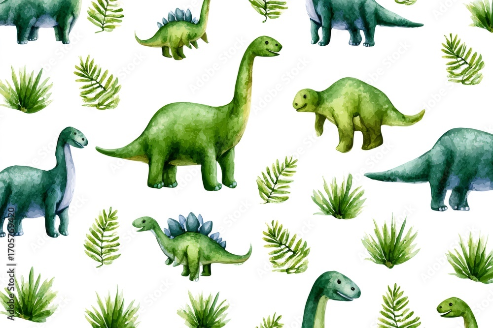 Fototapeta premium Watercolor seamless pattern with green dinosaurs and tropical plants
