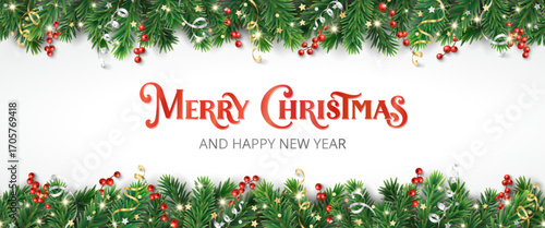 Christmas holiday background. Christmas tree frame with holly berry, ribbons. Christmas decoration. Merry Christmas hand written text. For holiday headers, banners, party posters.