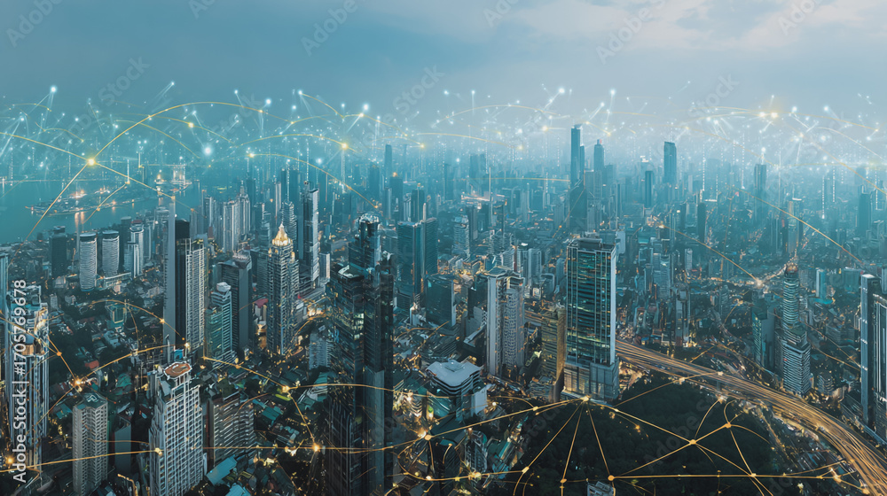Naklejka premium Sunshine in the Smart digital Innovation city with connection network reciprocity over the cityscape. of future smart wireless digital city and social media networking systems that connects