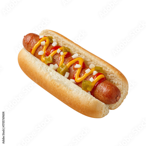 Savory hot dog elevated presentation showcasing vibrant toppings against isolated emptiness
