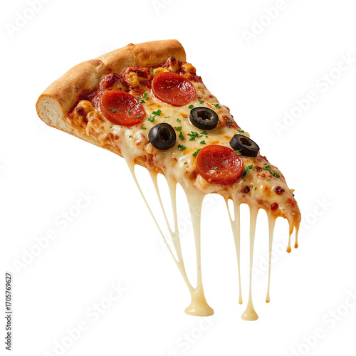 Mouthwatering Pizza Slice with Melting Cheese Delight on a Clean Background