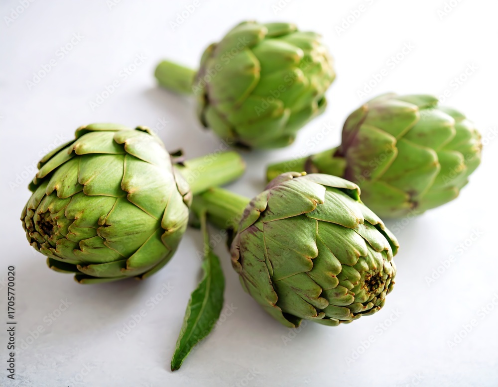 Obraz premium Fresh artichokes arranged on a light surface