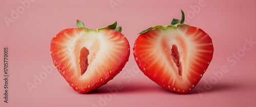 Freshly Cut Strawberries Reveal Vibrant Red Insides Against a Smooth Pink Bac...