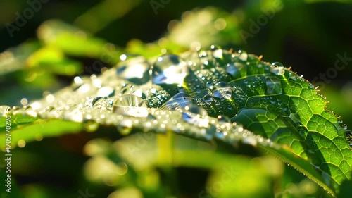 Close-up of a vibrant green leaf covered in sparkling water droplets, illuminated by natural light.