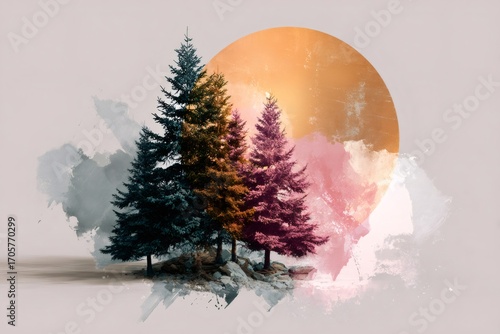 Colorful pine trees and big sun with watercolor strokes creating a dreamlike landscape