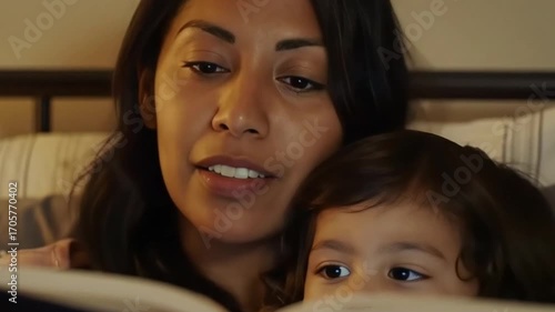 A loving mother reads a bedtime story to her young child while cuddling together in a dimly lit bedroom.
