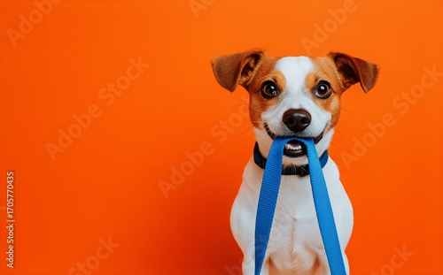 Happy Dog Holding Blue Leash With Orange Background in Cheerful Indoor Setting.