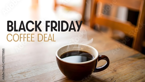 Black friday coffee deal with steaming cup on wooden table